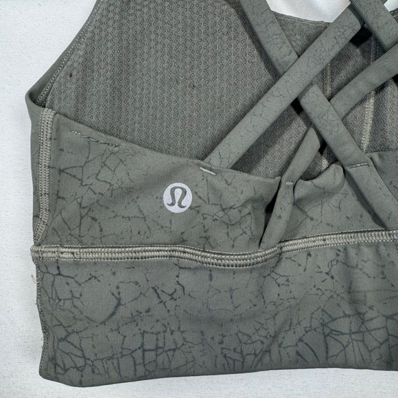 Lululemon Energy Bra Longline Olive Green Crackle Print Strappy Sports Bra Sz 4 - Picture 6 of 6